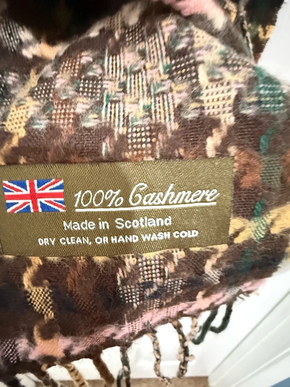 Plaid Fringe 100% Cashmere Scarf Made in Scotland Brown and Pink